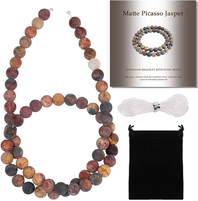 Stone Beads, 60pcs Matte Picasso Jasper, 6mm Round Loose Beads for Jewelry Making, Bracelets, with Bag, String & Card