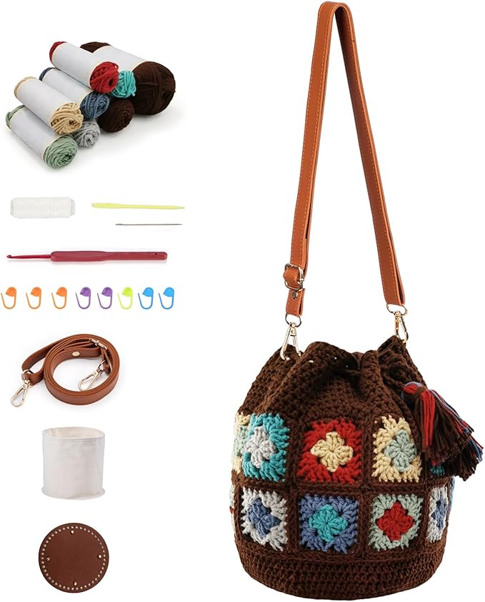 Noocro Crochet Kit for Advanced or Intermediate Beginner DIY Granny Square Bucket Bag, Purse with Step by Step Tutorial Video and Detailed Instruction Complete Kit Craft Holiday Gift (Chestnut)