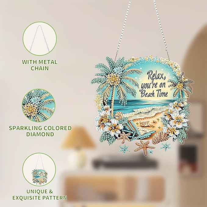 AIBOERL Diamond Art Hanging Kit for Adult,Special Shaped Rhinestone,Double Sided 5D DIY Acrylic Diamond Art Painting Window Pendants Home Garden Wall Hanging Kits Hanging Ornament (Beach)