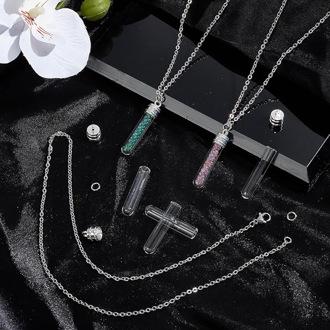 SUNNYCLUE 1 Box DIY 10 Sets Glass Vial Necklaces Bulk Wish Bottle Necklace Lucky Silver Transparent with Stainless Steel Chain Hanging Tube Empty Charm for Jewelry Making Handmade Crafts Christmas