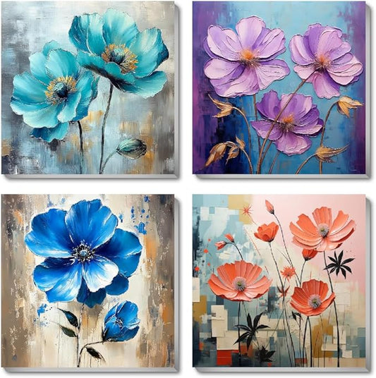 4 Pack Paint by Numbers Kit for Adults Beginners Framed - Flowers Adults Paint by Numbers Kits on Canvas with Paints and Brushes, Flowers Small Oil Paint by Number Kits for Home Decor 8 X 8 Inch