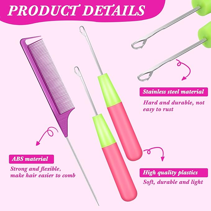 8 Pcs Hair Crochet Hooks Set with Accessories Include 2 Plastic Crochet Needle Hooks 4 Alligator Hair Clip and 2 Rat Tail Comb Tool Kits for Braiding, Extension
