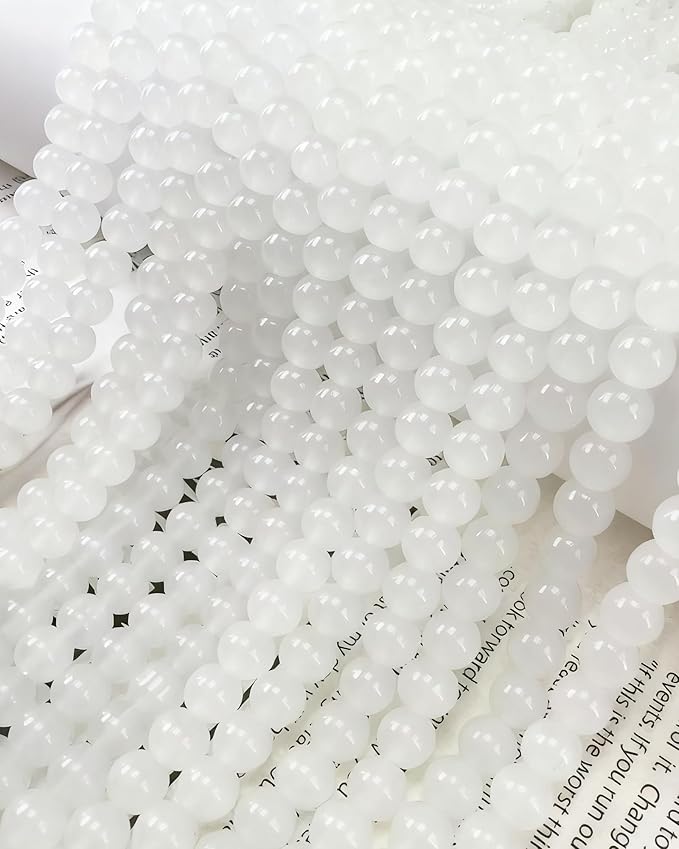 8mm Glass Beads 46PCS Glass Beads for Jewelry Making Charm Round Loose Bead for Bracelet Making Kit (White Jade)