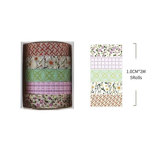 Fantasy Washi Tape Set - 5 Rolls Texture Arts Adhesive Tapes Basic Patterns Decorative Masking Tape Sets for Craft, Kids, Scrapbook, DIY, Gift Wrapping (7-Floral Breeze)