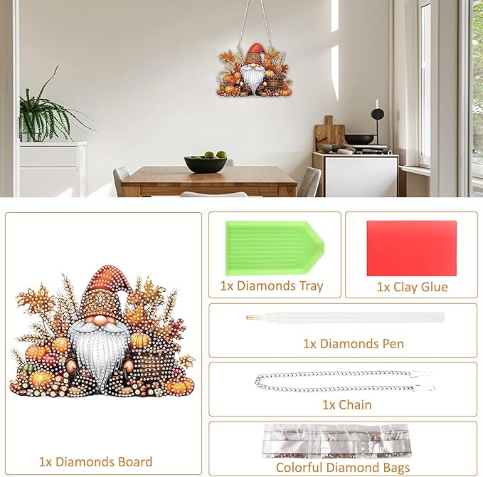 SENQAO Gnome Diamond Art Hanging Kits for Adults Kids, Acrylic Diamonds Painting Pendant Board Kits Thanksgiving, Diamond Art Painting Window Pendants Home Garden Wall Hanging Kits Hanging Ornament