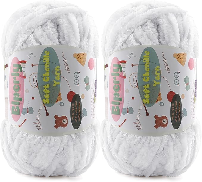 2 * 100g Fluffy Chenille Yarn for Crocheting - Chunky Velvet Yarn for Scarves Shawls, Baby Blankets, Hats Plush Toys, Plush Yarns Each Skein 49.2yd (2, Pure White)