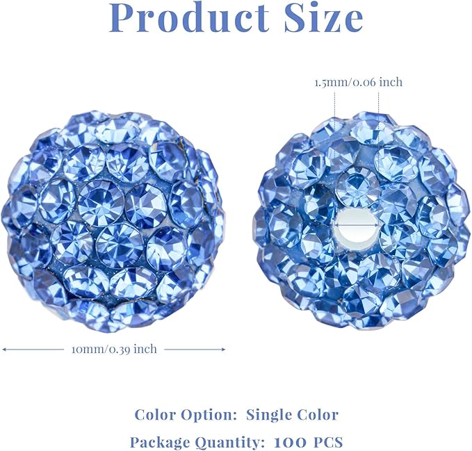 100Pcs 10mm Light Blue Rhinestone Beads for Jewelry Making, Shiny Round Disco Ball Sparkly Beads Bulk with 10-Grid Storage Box for DIY Baseball Necklaces Shamballa Bracelets