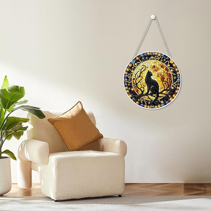 MOGTAA Hanging Diamond Art Painting Pendant Kits, 5D Black Cat Diamond Art Kits for Adults, DIY Animal Diamond Painting Kits Special Crystal Gem Art for Home Decor