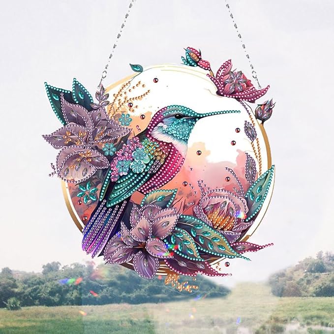POETRYDRAW DIY Hanging Diamond Art Pendant Kit Hummingbird, Special Crystal Diamonds Painting Ornament for Adults, Diamond Art Suncatchers Double Sided Board Gem Painting Box Kit