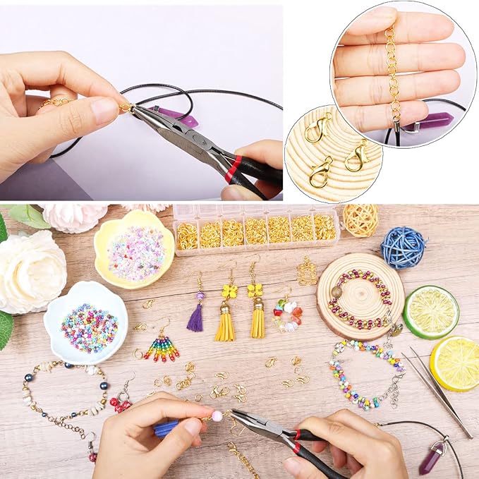 Jump Rings for Jewelry Making Kit, 1500 pcs Jewelry Repair Kit for Necklace Bracelet, Lobster Clasps and Closures Repair Supplies Kit with Pliers Tweezers-Gold
