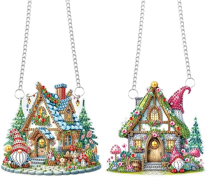 2 Pack Diamond Painting Hanging Ornaments – Fairy Cottage & Gnome House DIY Acrylic Craft Kit with Chains, Whimsical Holiday Home Decor for Adults