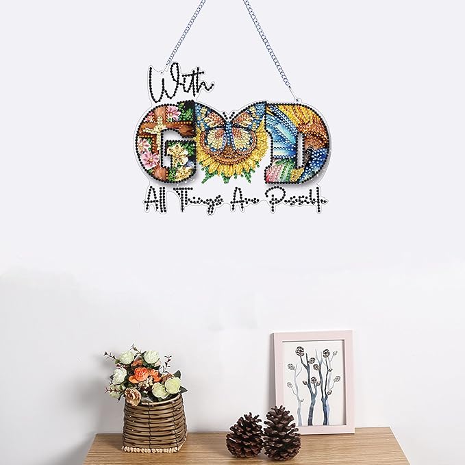 STGLCR DIY Butterfly Hanging Diamond Art Kit God, Acrylic Diamonds Painting Pendant Board Kit, 5D Gem Art Ornament Kit for Adults, Double Sided 7.8inch with God All Thing are Possible