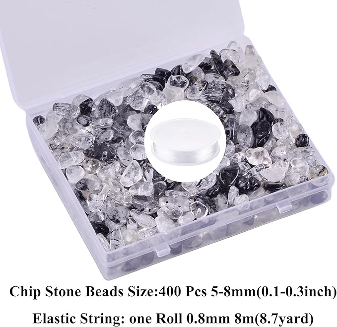 Crystal Beads for Jewelry Making Natural Chip Stone Beads 400pcs Gemstone Crystal Beads for Bracelets Making Kit Rock Bead Bulk Hole Drilled DIY Necklace Charms 5-8mm Black Rutilated Quartz