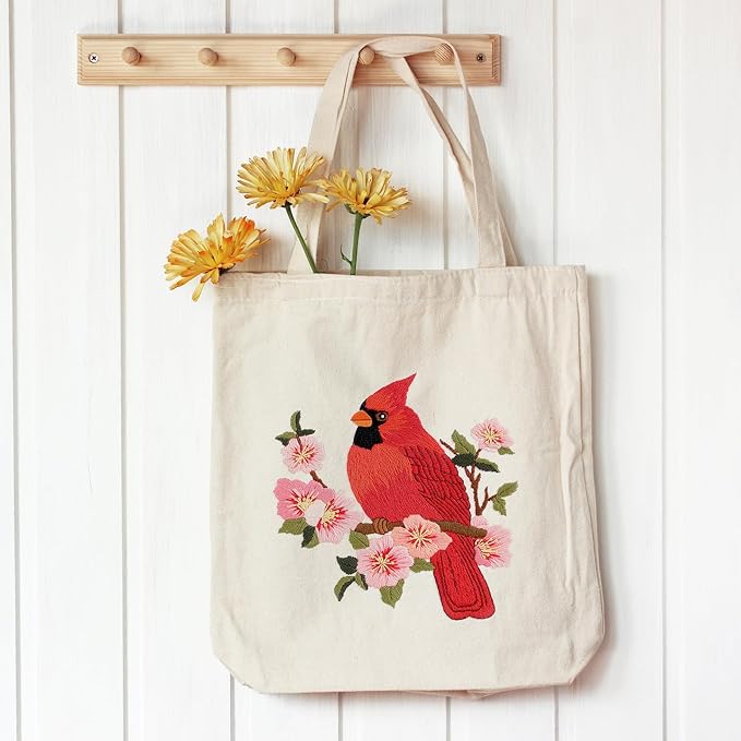 louise maelys canvas tote bag embroidery kit for beginners,cross stitch kits for adults,diy needlepoint include cardinal pattern,women shopping reusable grocery bags