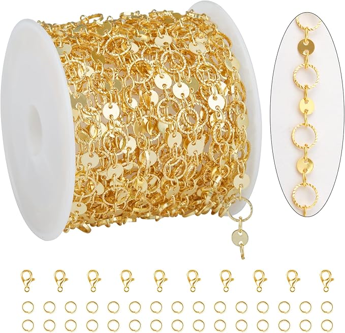 KYUNHOO 5 Meters Gold Plated Jewelry Making Chains Hollow Circle Chain Sequin Chain for Jewelry Making 18K Gold Chain Bulk for Handcraft Making with Jewelry Clasps