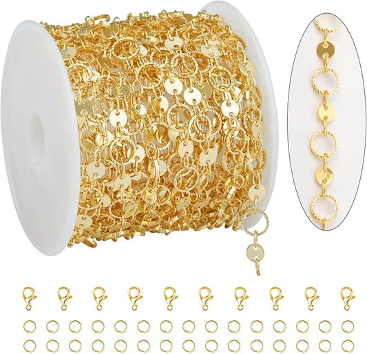 KYUNHOO 5 Meters Gold Plated Jewelry Making Chains Hollow Circle Chain Sequin Chain for Jewelry Making 18K Gold Chain Bulk for Handcraft Making with Jewelry Clasps