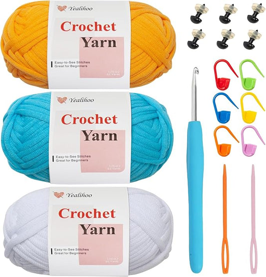 Beginner Yarn for Crocheting, Easy Crochet Yarn for Beginners, 3 Pack × 1.8 oz Amigurumi Yarns, Dinosaur Crochet Kit, Thick and Soft, Video Tutorials, Easy-to-See Stitches, Worsted Medium # 4