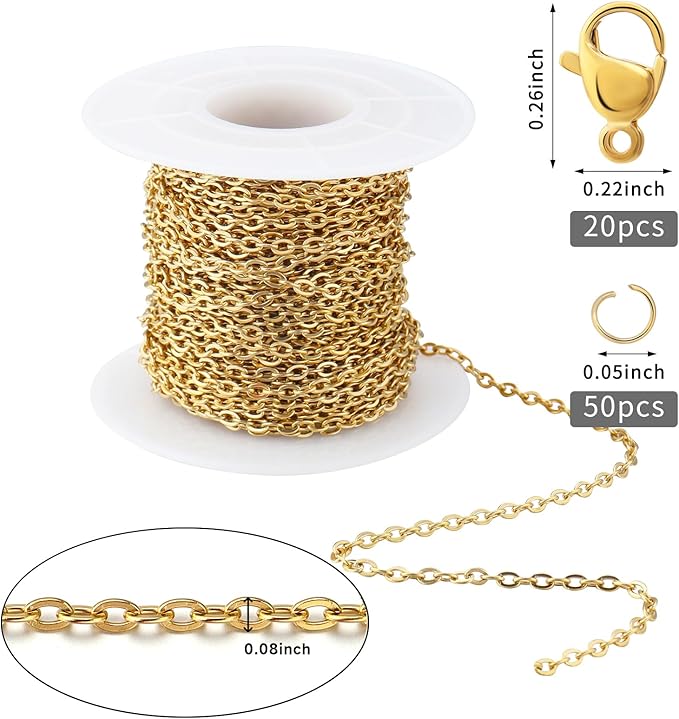 Topacket 33Feet 18K Gold Stainless Steel Necklace Chains Cable Link Chains for Jewelry Making DIY Craft Kit with Lobster Clasps Jump Rings