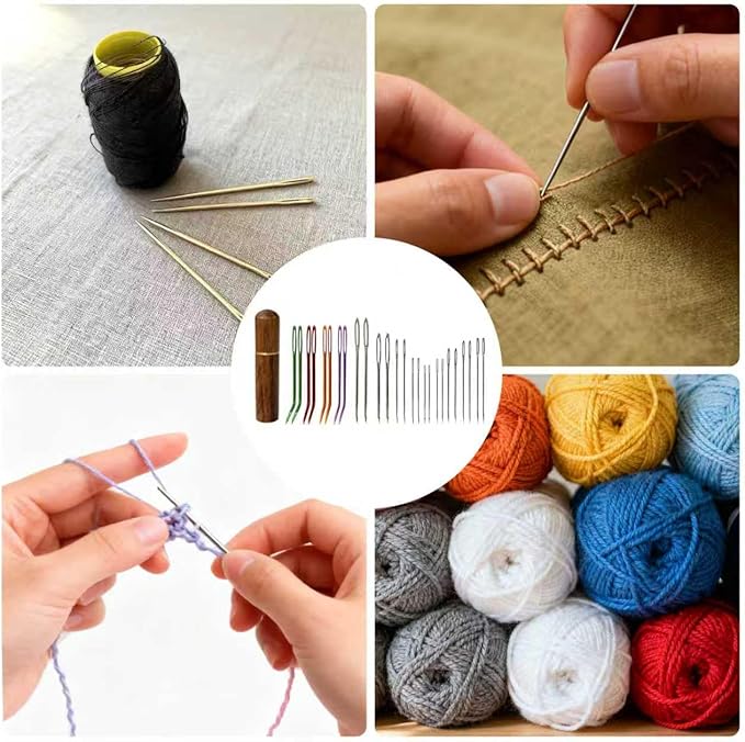 Large Eye Sewing Needle Kit, Yarn Needles Set, 26PCS Multiple Colors of Stainless Steel Embroidery Needles, Solid Wood Needle Box, Suitable for Crochet/Coarse Needle/Yarn/Embroidery DIYers.