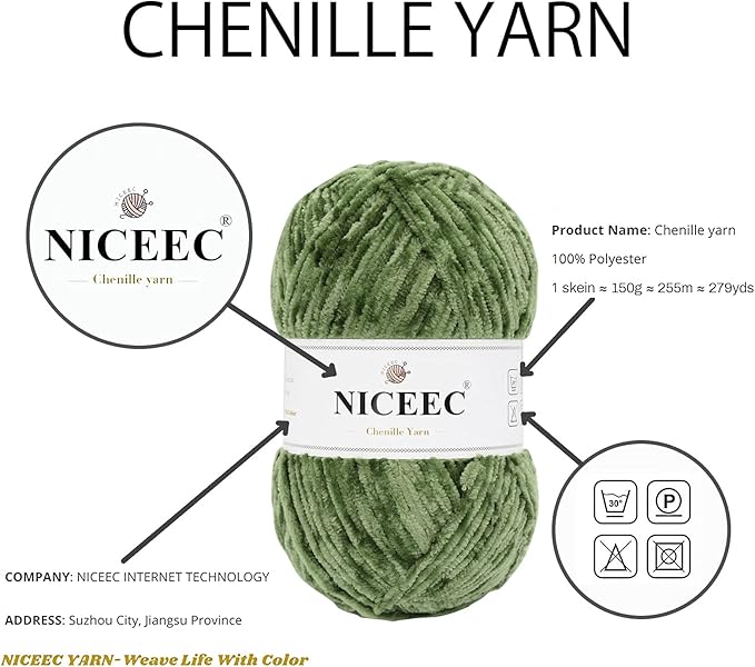 NICEEC 2 Skeins Soft Chenille Yarn Blanket Yarn for Knitting Fancy Yarn for Crochet Weaving DIY Craft Total Length 2×255m (2×279yds, 2×150g)_Army Green
