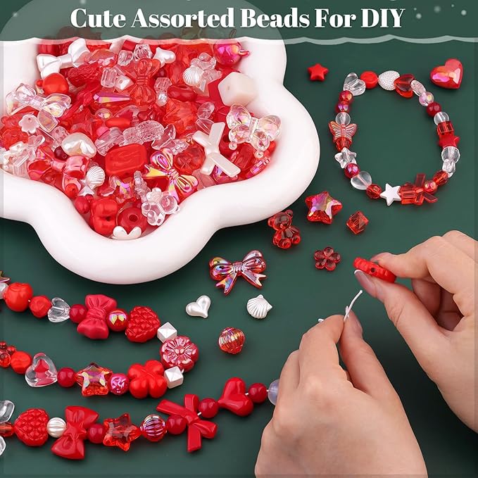200-260pcs tinkrstuff assorted red acrylic beads for bracelet making,cute beads for jewelry making flower bow butterfly candy gummybear aesthetic bracelet charms,diy necklace keychain phone charm