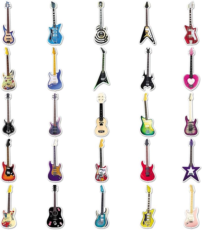 50Pcs Guitar Stickers, Waterproof Vinyl Music Instrument Decals for Laptop, Phone, Skateboard, Luggage - Cute Decorative Stickers for Kids, Boys, Girls, Adults, Guitarists & Music Lovers
