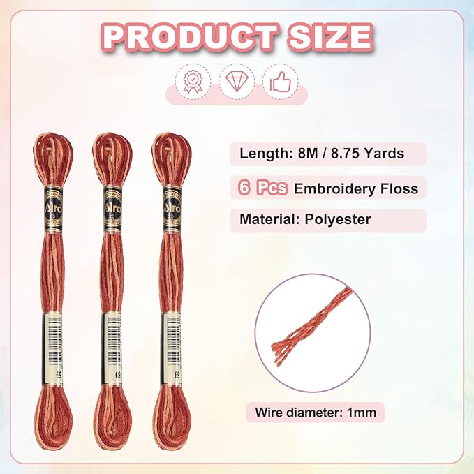PATIKIL 6 Skeins Embroidery Floss, Polyester Embroidery Threads Bracelets String for Cross-Stitch Hand Embroidery, Brown Red