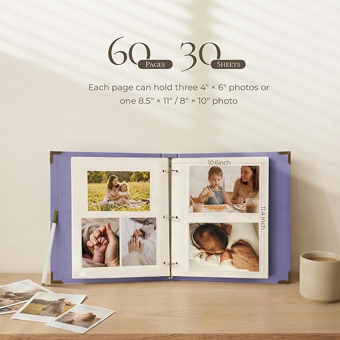 Vienrose Photo Album Self Adhesive 40 Pages Hardcover DIY 3 Ring Scrapbook Photo Albums for Kids Wedding Baby Family Purple