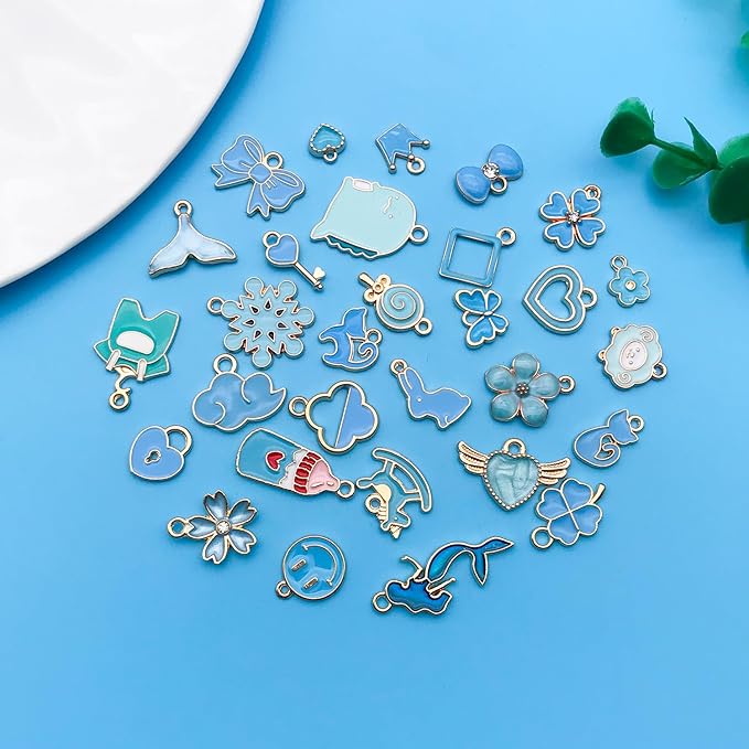 Youdiyla 60pcs Alloy enamel lake blue series fixed set Pendant Jewelry Making DIY Keychain Earrings Pendant Various Design Charms for Jewelry Making Bracelets Necklace (HK552)