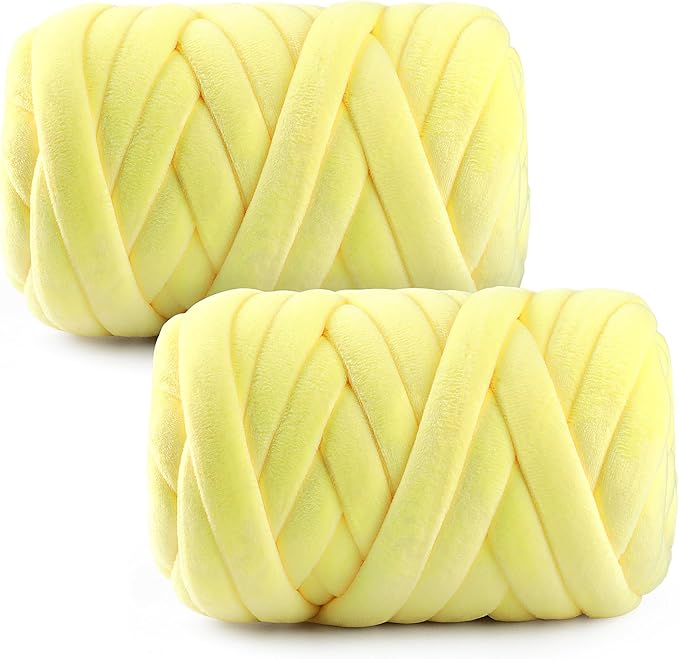 Chunky Yarn for Hand Knitting & Arm Knitting - 2-Pack Value Bundle (1.32lb Total) of Super Bulky Velvet Chenille Tube Yarn for Larger DIY Projects | No-Tool, Machine Washable, Bright Yellow