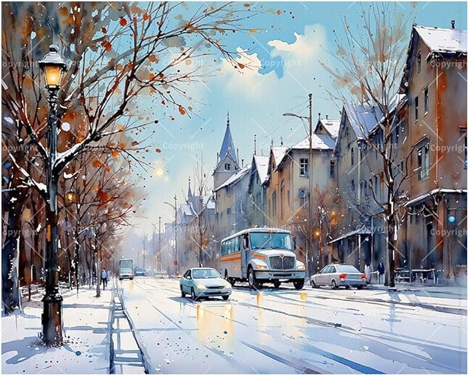 Winter Scene Paint by Numbers Kit for Adults - DIY Snowy City Street Painting on Canvas, Acrylic Paint Set, Suitable for Beginners, Urban Art for Home Decoration or Gifts.(8X12IN Framed)