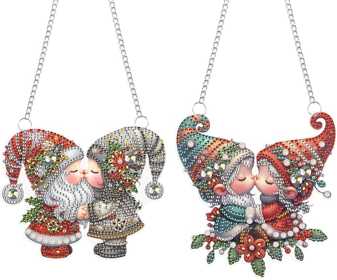 2 Pcs Diamond Art Suncatchers Hanging Kits, Gnome 5D DIY Diamond Painting Ornaments, Kissing Gnome Couple Window & Wall Hanging Decor, Special Shape Diamonds Art Kits for Adults