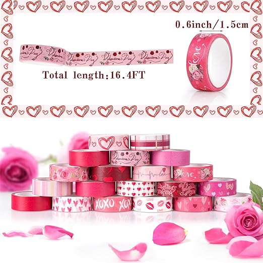 Pink Decorative Tape Set 20 Rolls Heart Floral Washi Tape Aesthetic DIY Valentines Masking Tape for Kids Craft Notebook Scrapbooking & Stamping Supplies
