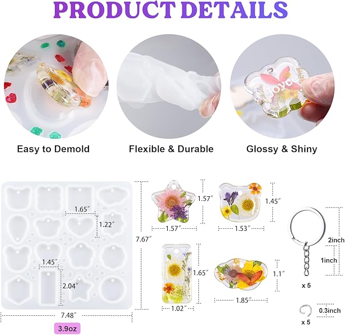 LET'S RESIN Keychain Resin Molds Silicone with Hole, 16 Cavities UV Resin Jewelry Pendant Mold for Beginner, Epoxy Resin Molds for Keychain Pendant Jewelry Making