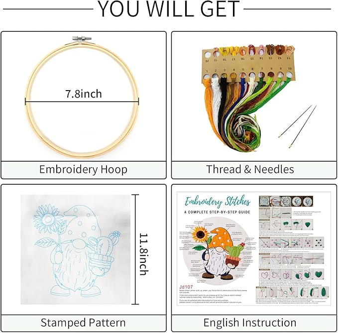 Nuberlic Sunflower Embroidery Kit for Beginners, Full Set of Stamped Gnome Cross Stitch Kit for Adults Including Threads, Hoops and Instruction