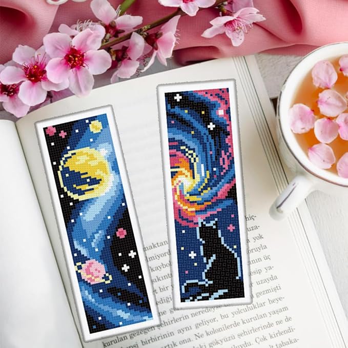 ORIGACH 6 Set Universe Starry Night Cross Stitch Bookmark Kit for Beginner with Backing Felt Floss Instructions DIY Stamped Embroidery Bookmark Kit for Adults, Book Lovers