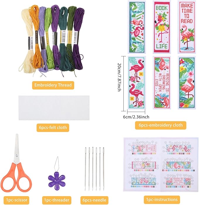 ORIGACH 6 Pcs Cross Stitch Bookmark Kit for Beginner Flamingo Bird Pattern Stamped Embroidery Stitch Kits for Starter DIY Bookmarks Printed Cross Stitch Kits for Book Lovers