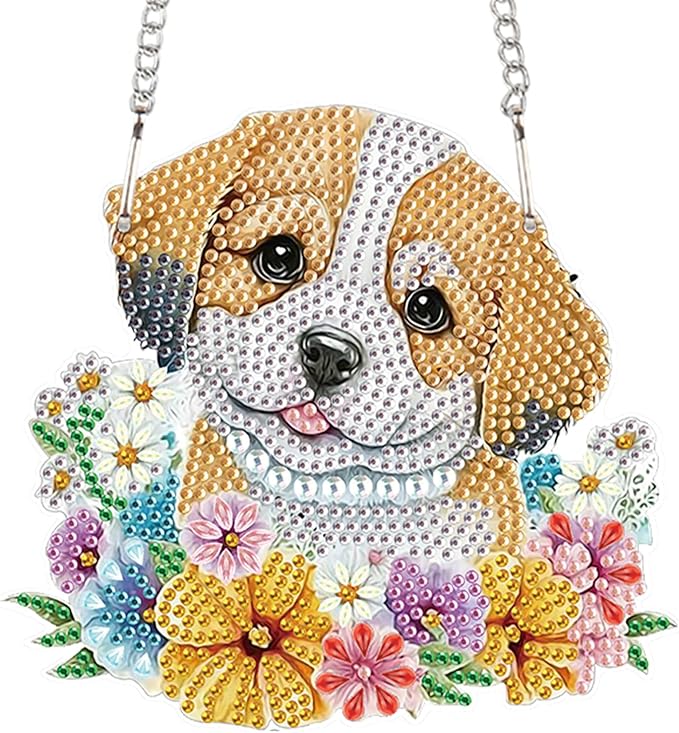 AiYuanzsh DIY Dog Diamond Art Hanging Kit, Floral Special-Shaped Acrylic Rhinestone Diamond Painting Pendant Ornament for Home, Garden, or Wall Decor Gift
