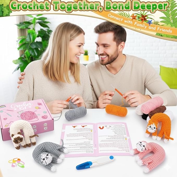 Fortuning's JDS Crochet Kit for Beginners, 4 Pack Funny Cat Crochet Kits, Animal Starter Crochet Kit with Step-by-Step Video Tutorials, Easy DIY Cat Craft for Adults, Novelty Gift for Crochet Lovers
