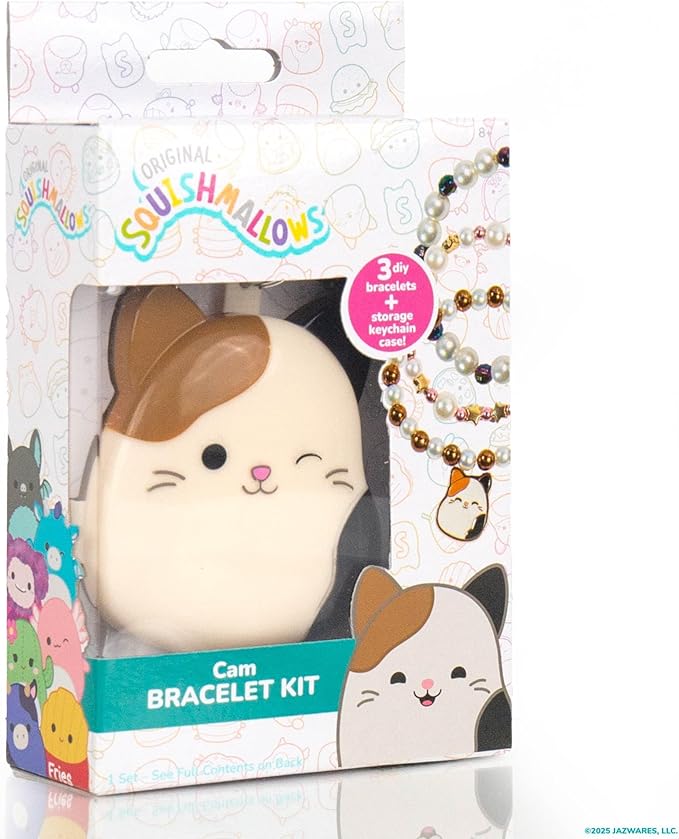 Original Squishmallows Cam The Cat Bracelet Kit, Makes 3 Accessories, Fun Beads and Charms, Bonus Keychain, Friendship Jewelry Making Set, Gifts for Girls, Craft Kits, Arts and Crafts for Kids
