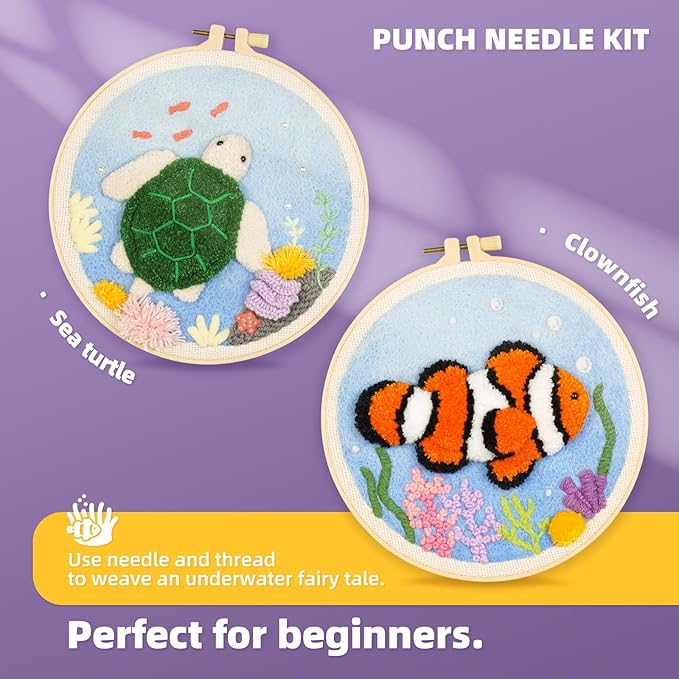 Punch Needle Kits Adults Beginner,Embroidery kit for Beginners,Punch Needle kit for Beginners, Includes All Tools and Materials,Easy to Follow Instructions and Videos(Clownfish + Sea Turtle)