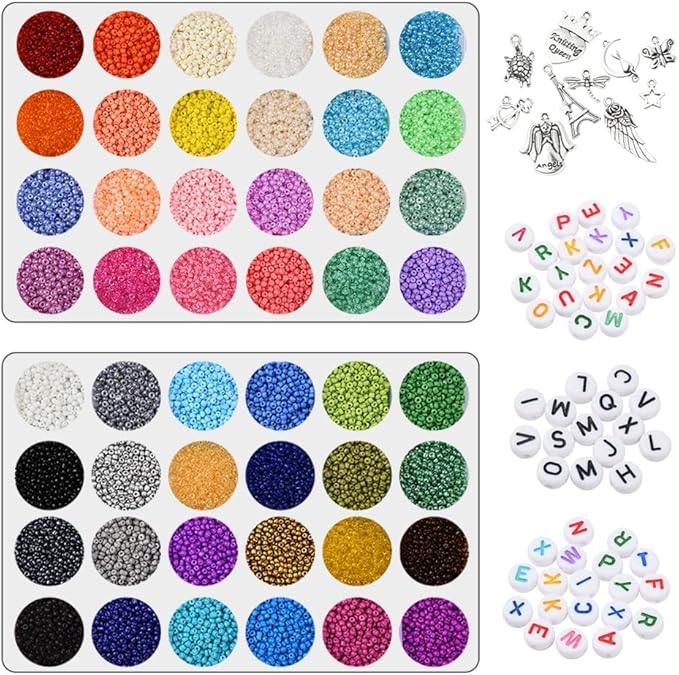38660 Pcs 2mm Glass Seed Beads Jewelry Making Kit, 2 Boxes 48 Colors Small Bead Friendship Bracelet Set with Pendants, Letter Beads & Elastic Cord, Gift for Craft Enthusiasts