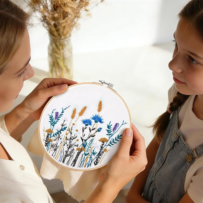 Crafmanoe Flower Embroidery Kits for Beginners Adults, Hand DIY Embroidery Starter Kits, Floral Stamped Cross Stitch Kits for Beginners Adults Craft Kits for Women, Embroidery Hoops, Fabric and Thread