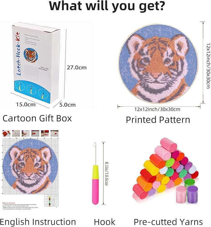 Latch Hook Rug Kit A Cartoon Baby Orange Tiger Portrait Easy for Beginners Children Round Carpet Crochet Yarn Craft Mini Rug DIY Hook and Latch Tapestry for Home Decor 30x30cm(2)