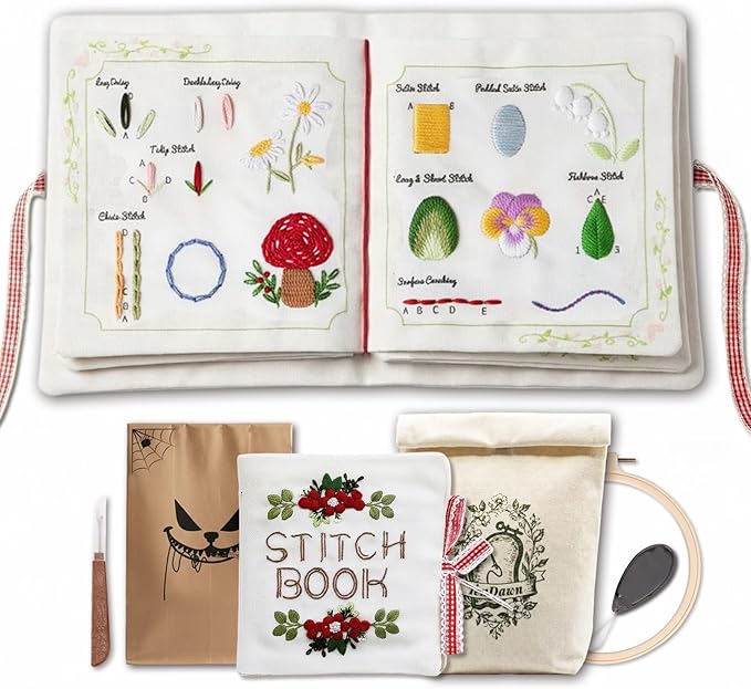 TenDawn Beginner Embroidery Stitch Book with Fabric Pages, 32 Essential Stitches in Structured Learning Order for Adults, DIY Sewing Kit with Floral Motifs, Practice Patterns