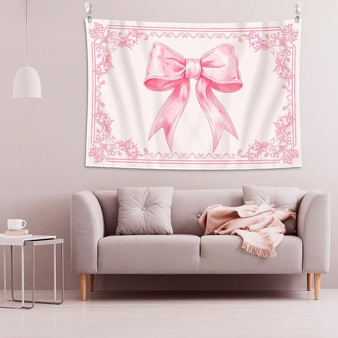 HunnmingRe 60" x 40" Pink Tapestry Coquette Pink Aesthetic Bedroom Hanging Wall Art Preppy Tapestry Decor Kit Cute Room Decoration for Women Girls Room Dorm Apartment(Bow)