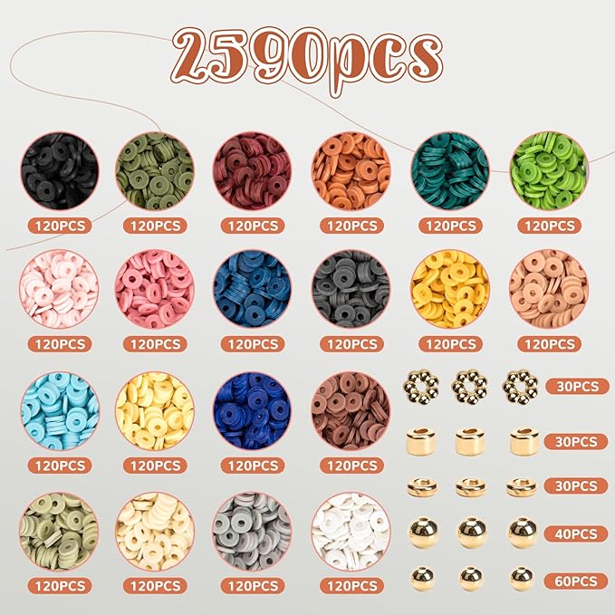 2590pcs Clay Beads for Bracelets Making, 20 Color Heishi Beads Polymer Clay Beads for Jewelry Making Supplies Charm, Friendship Bracelet Making Kit for Girl Women Adults?Earth Tone?