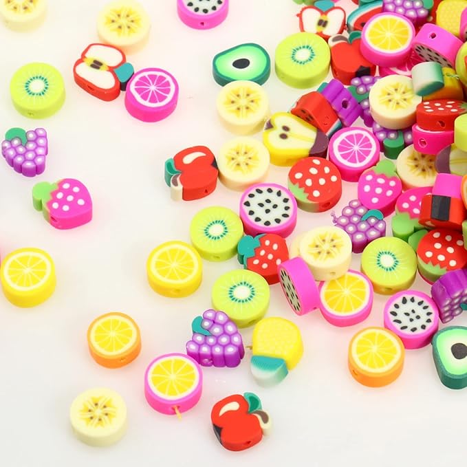 200PCS Colorful Fruit Polymer Clay Beads Kit - 10mm Mixed Fruit Spacer Beads for Jewelry Making DIY Bracelet Necklace