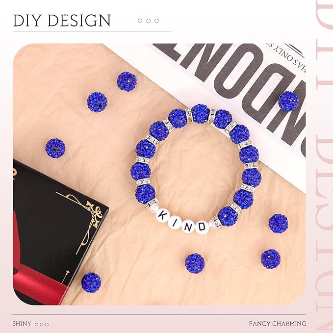 200pcs 10mm Dark Blue Rhinestone Beads for Jewelry Making, Shiny Round Shamballa Disco Ball Beads Bulk, Sparkle Crystal Clay Christmas for Bracelet Baseball Necklace Earring Crafting and DIY