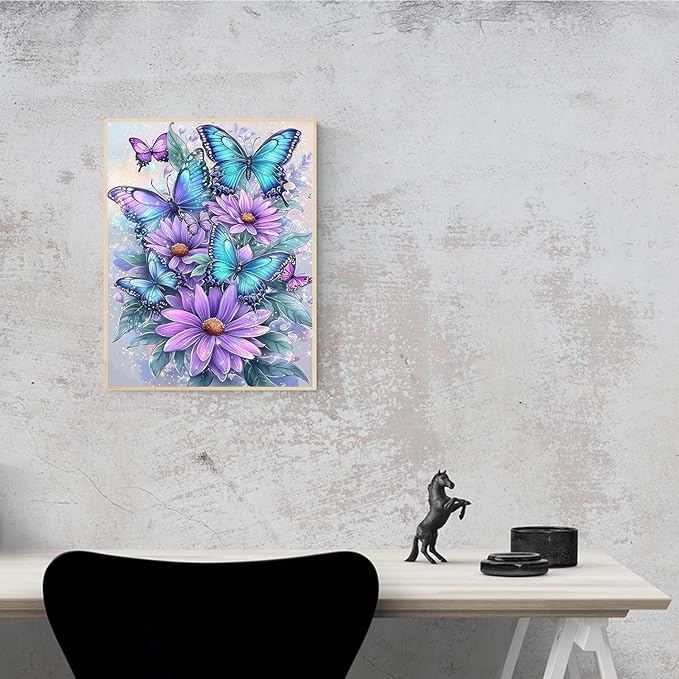 MBNTJHT DIY Butterfly Diamond Art Kits for Adults Beginners,Easy Flowers 5D Round Drill Diamond Painting Kits on Canvas,Butterfly and Floral Gem Art Kits for Home Wall Decor 12X16 Inch.